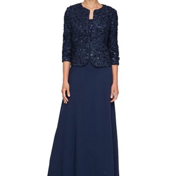 Alex Evenings Navy Blue Sequin Soutache Lace Gown with Jacket - Picture 1 of 6